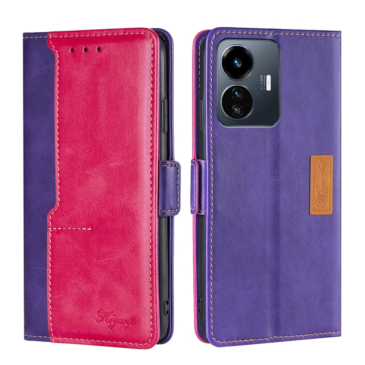 

For vivo Y77 5G Global Contrast Color Side Buckle Leather Phone Case(Purple + Rose Red)