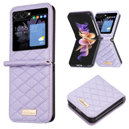 For Samsung Galaxy Z Flip5 Elegant Rhombic Texture Leather Phone Case(Purple) hotel living room wood frame luggage rack design pu leather