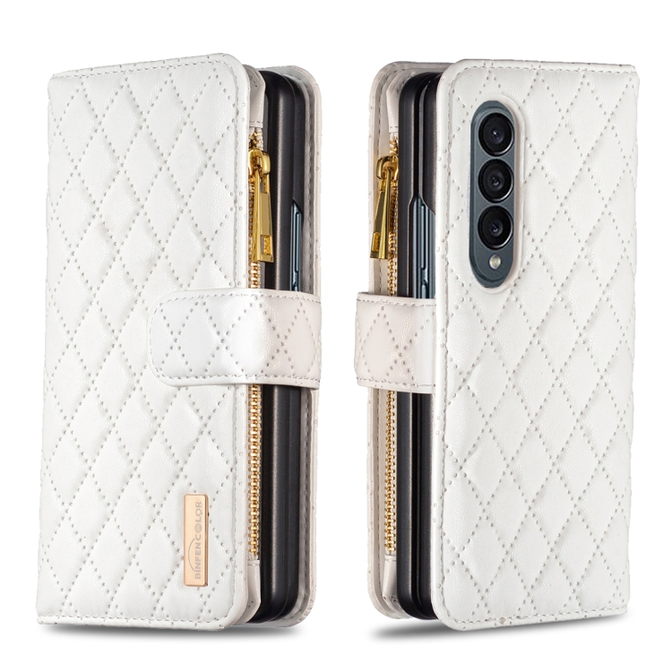 

For Samsung Galaxy Z Fold4 Diamond Lattice Zipper Wallet Leather Flip Phone Case(White)