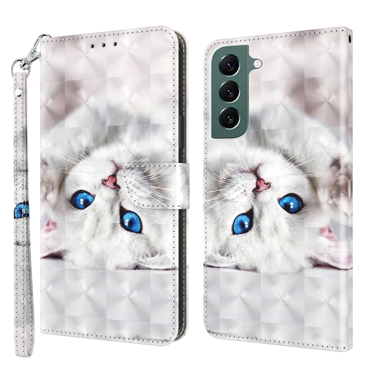 

For Samsung Galaxy S22 5G 3D Painted Leather Phone Case(Reflection White Cat)