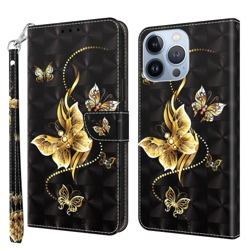 

For iPhone 14 Pro Max 3D Painted Leather Phone Case (Golden Swallow Butterfly)