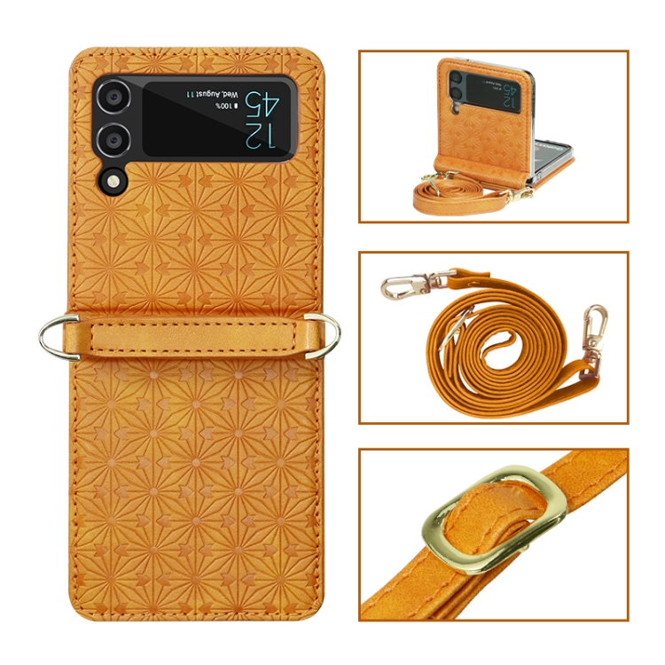 

For Samsung Galaxy Z Flip4 Embossed Leather Folded Phone Case with Strap(Yellow)