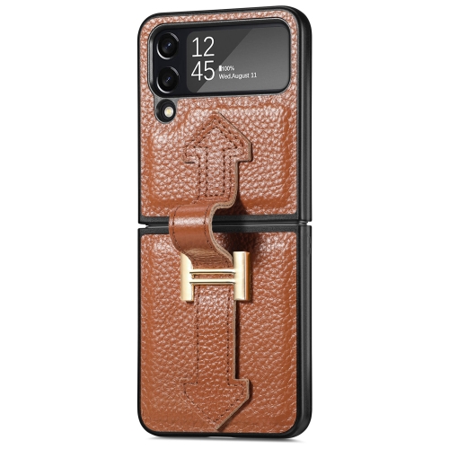 

For Samsung Galaxy Z Flip4 Genuine Leather Litchi Pattern Phone Case with Wrist(Brown)