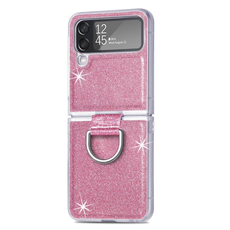 

For Samsung Galaxy Z Flip4 Glitter Leather Skin PC Phone Case with Ring(Pink)