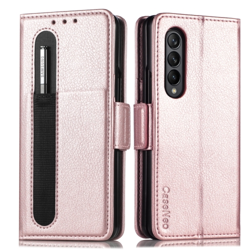 

For Samsung Galaxy Z Fold4 5G Litchi Pattern Folding Phone Case with Pen & Card Slots (Rose Gold)