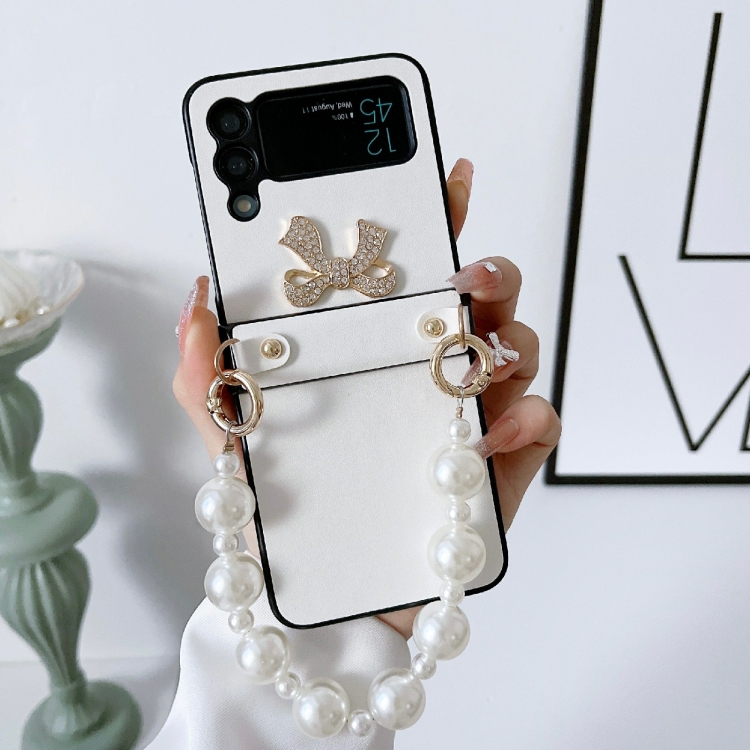 

For Samsung Galaxy Z Flip3 5G Pure Color TPU Phone Case with Hinged & Pearl Bracelet(White)