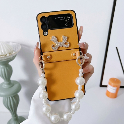 

For Samsung Galaxy Z Flip4 Pure Color TPU Phone Case with Hinged & Pearl Bracelet(Yellow)