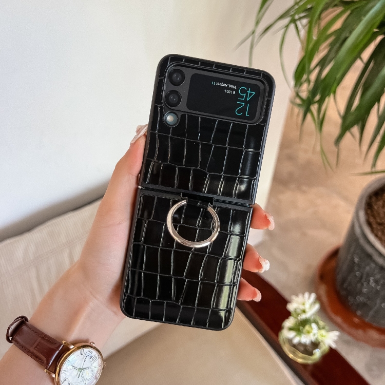 

For Samsung Galaxy Z Flip4 Crocodile Pattern Phone Case with Ring(Black)