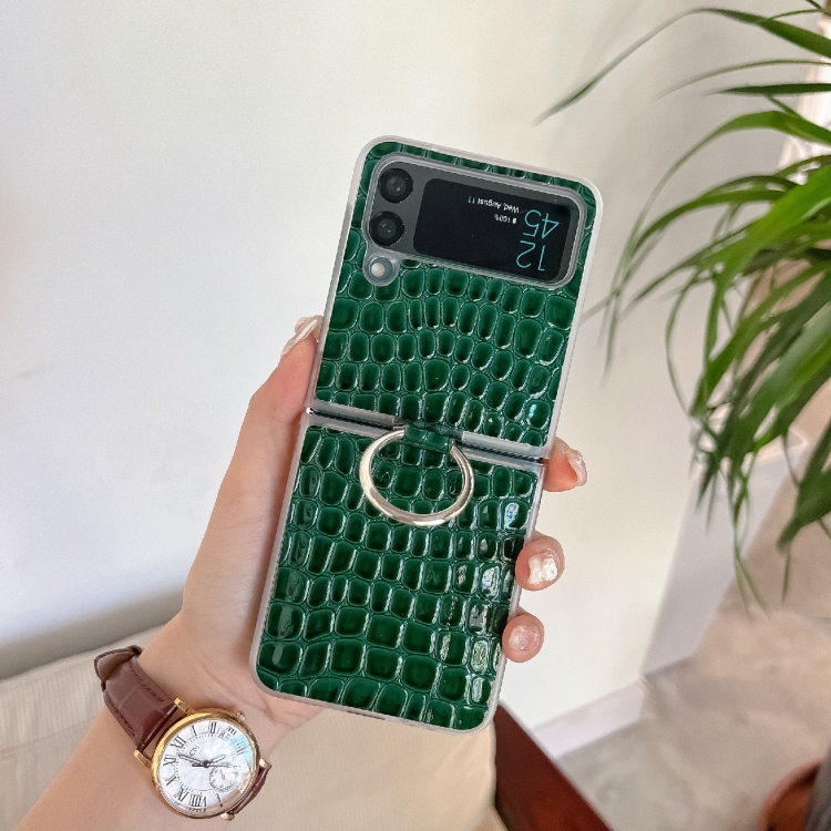 

For Samsung Galaxy Z Flip4 Crocodile Pattern+TPU Phone Case with Ring(Green)
