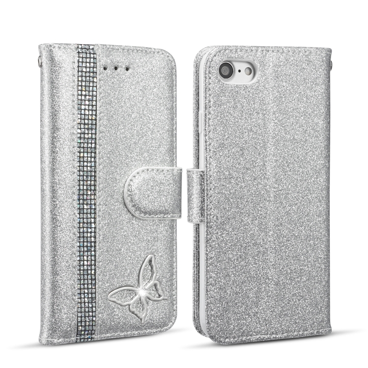 

Glitter Powder Butterfly Leather Phone Case For iPhone 7/SE 2022/SE 2020/8(Silver)