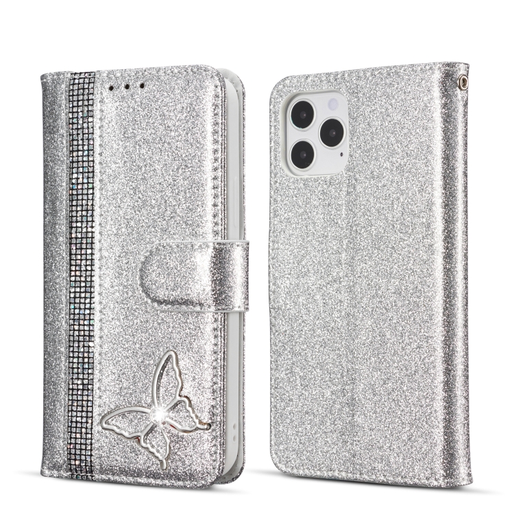 

Glitter Powder Butterfly Leather Phone Case For iPhone 12 Mini(Silver)