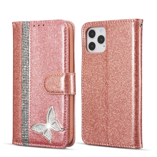 

Glitter Powder Butterfly Leather Phone Case For iPhone 12 Pro(Rose Gold)