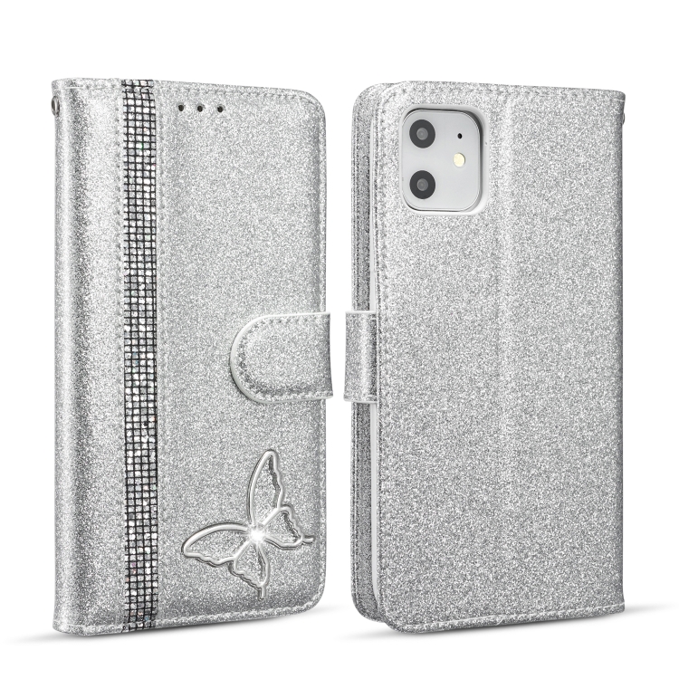 

Glitter Powder Butterfly Leather Phone Case For iPhone 11(Silver)