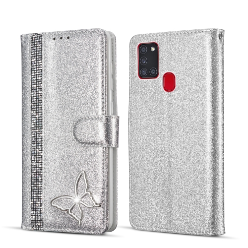 

For Samsung Galaxy A21S Glitter Powder Butterfly Leather Phone Case(Silver)
