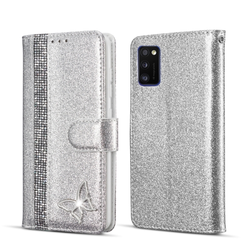 

For Samsung Galaxy A41 Glitter Powder Butterfly Leather Phone Case(Silver)
