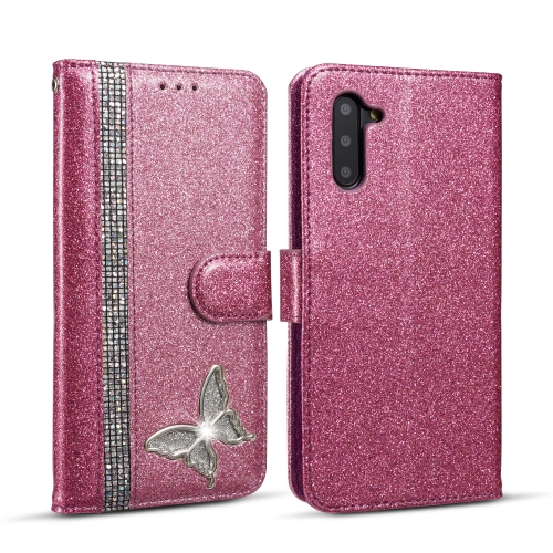 

For Samsung Galaxy Note10 Glitter Powder Butterfly Leather Phone Case(Purple)
