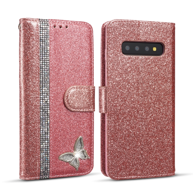 

For Samsung Galaxy S10 Glitter Powder Butterfly Leather Phone Case(Rose Gold)
