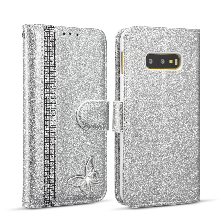 

For Samsung Galaxy S10e Glitter Powder Butterfly Leather Phone Case(Silver)