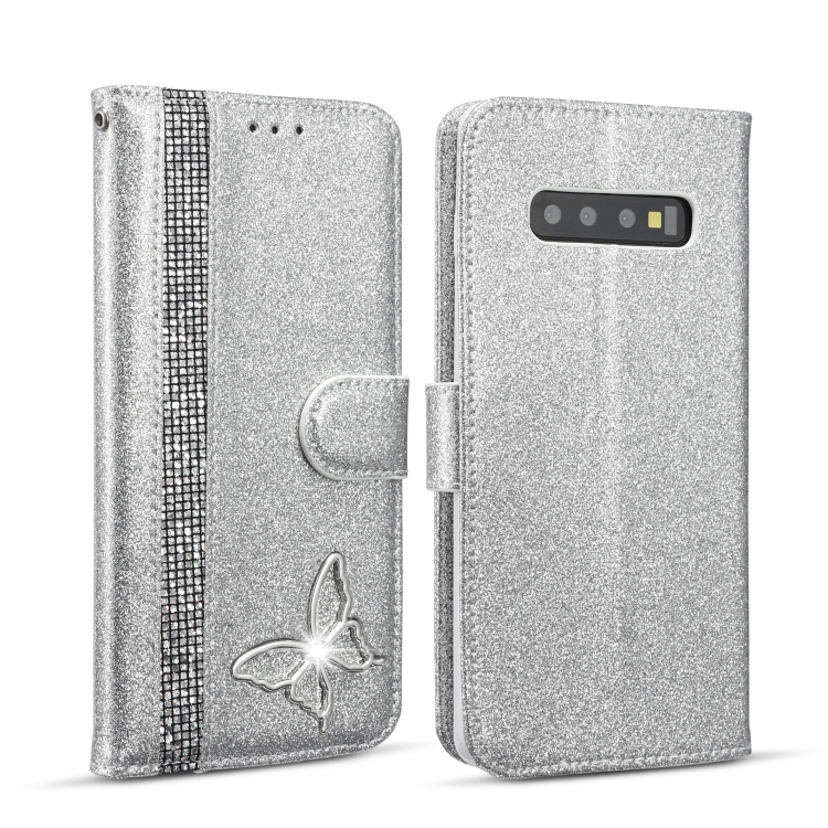 

For Samsung Galaxy S10+ Glitter Powder Butterfly Leather Phone Case(Silver)