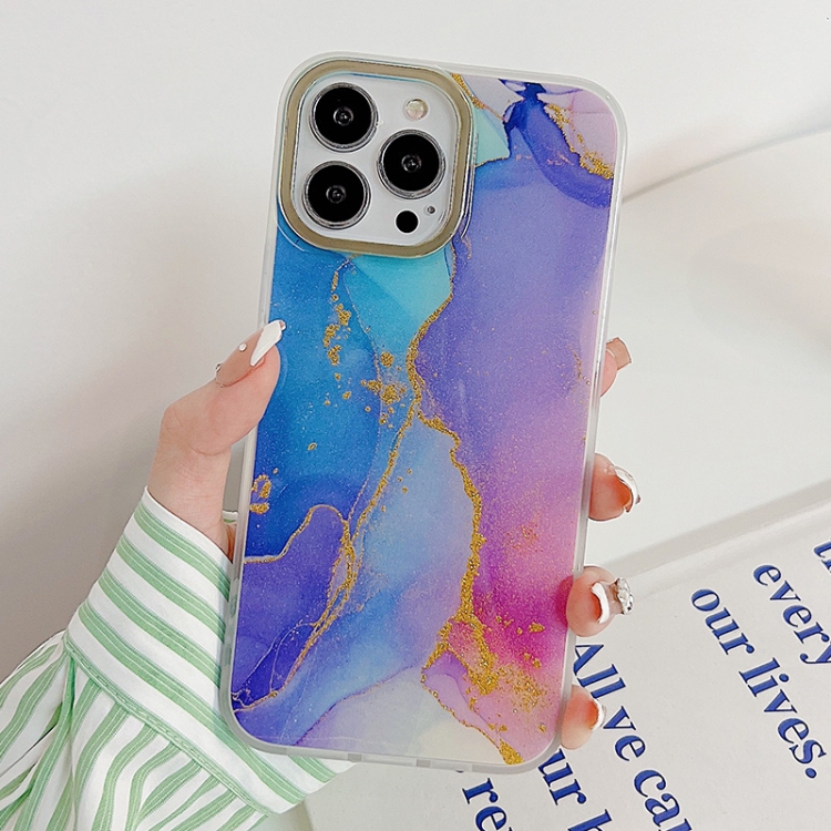 

For iPhone 14 Pro Max Marble Dual-side Laminating Electroplating Case (Blue Pueple)