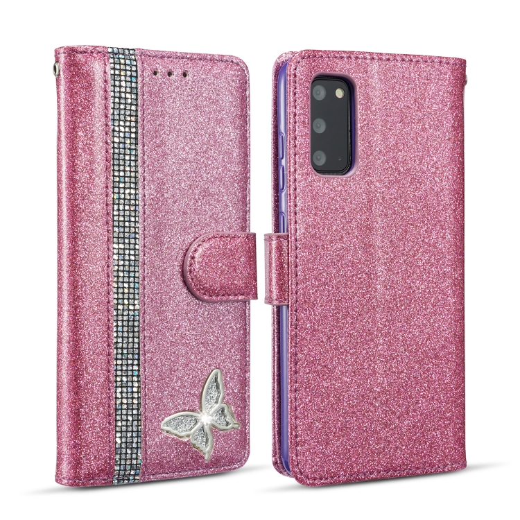

For Samsung Galaxy S20+ Glitter Powder Butterfly Leather Phone Case(Purple)