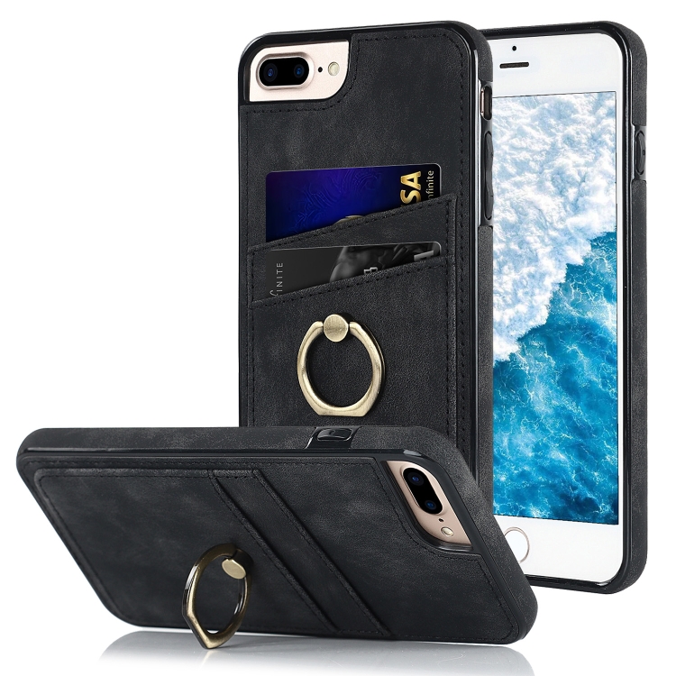 

Vintage Patch Leather Phone Case with Ring Holder For iPhone 7 Plus/8 Plus(Black)