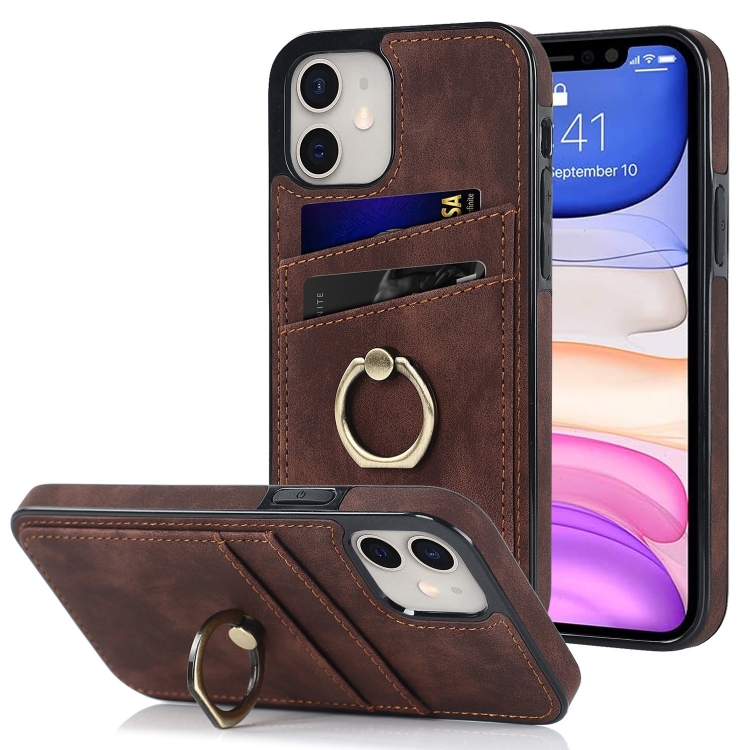 

Vintage Patch Leather Phone Case with Ring Holder For iPhone 11(Brown)