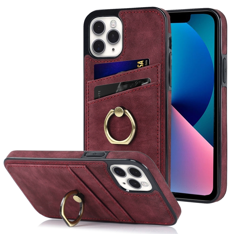 

Vintage Patch Leather Phone Case with Ring Holder For iPhone 11 Pro(Red)
