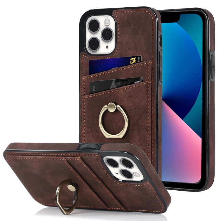 

Vintage Patch Leather Phone Case with Ring Holder For iPhone 11 Pro Max(Brown)