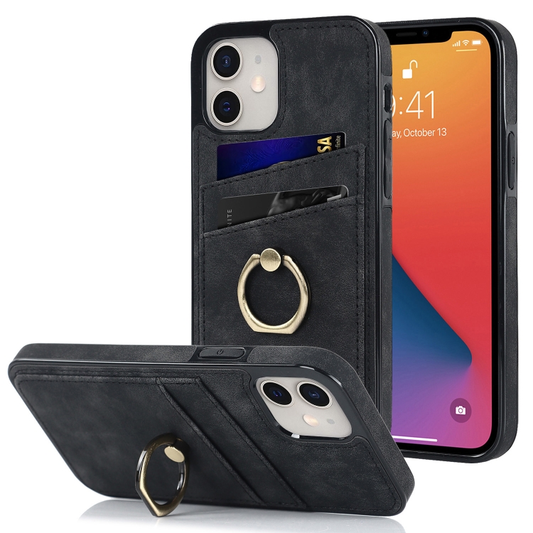 

Vintage Patch Leather Phone Case with Ring Holder For iPhone 12 mini(Black)