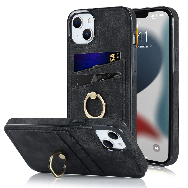 

Vintage Patch Leather Phone Case with Ring Holder For iPhone 13 mini(Black)