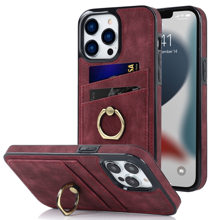 

Vintage Patch Leather Phone Case with Ring Holder For iPhone 13 Pro Max(Red)