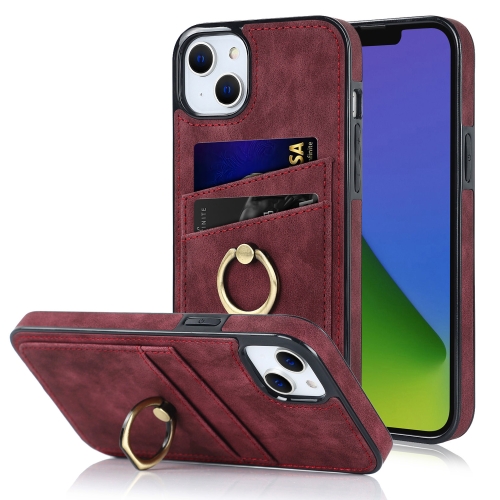 

Vintage Patch Leather Phone Case with Ring Holder For iPhone 14 Max(Red)