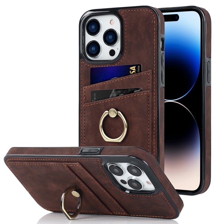 

Vintage Patch Leather Phone Case with Ring Holder For iPhone 14 Pro(Brown)
