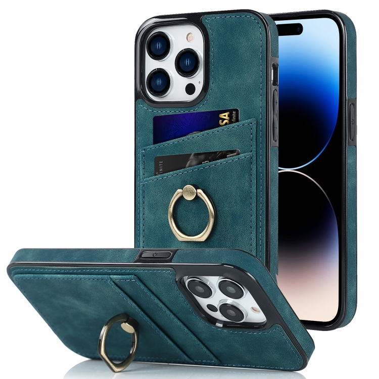 

Vintage Patch Leather Phone Case with Ring Holder For iPhone 14 Pro Max(Blue)
