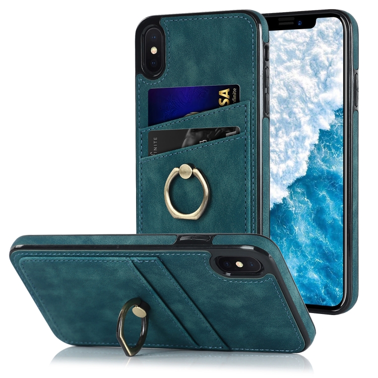 

For iPhone XS Max Vintage Patch Leather Phone Case with Ring Holder(Blue)