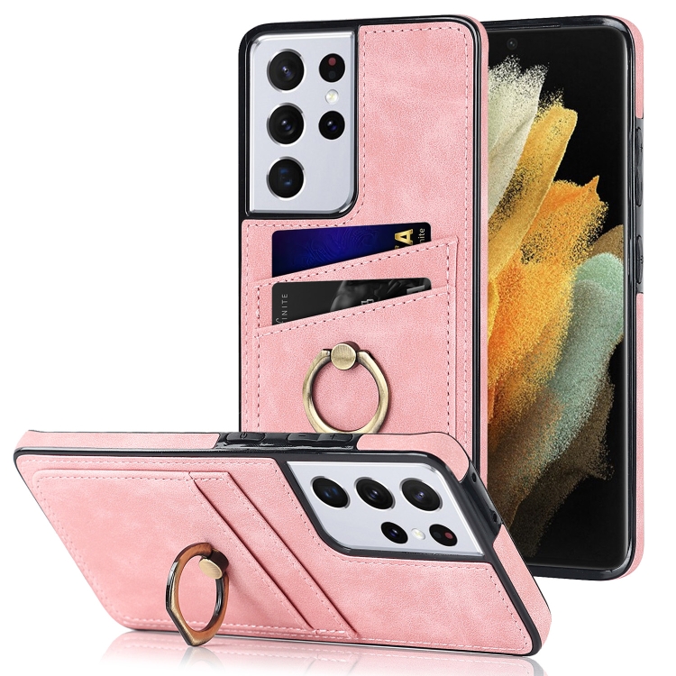 

For Samsung Galaxy S21 Ultra 5G Vintage Patch Leather Phone Case with Ring Holder(Pink)