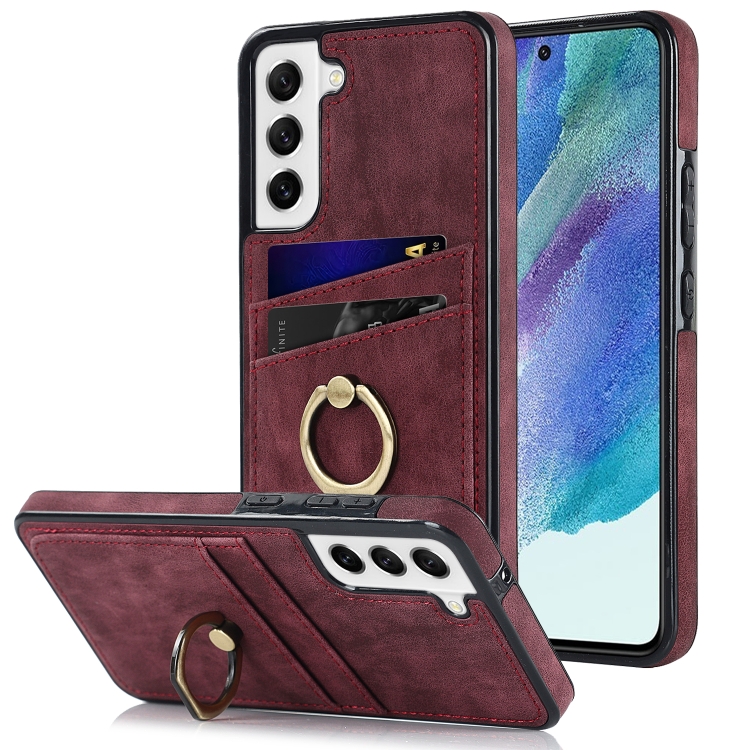 

For Samsung Galaxy S21 FE 5G Vintage Patch Leather Phone Case with Ring Holder(Red)