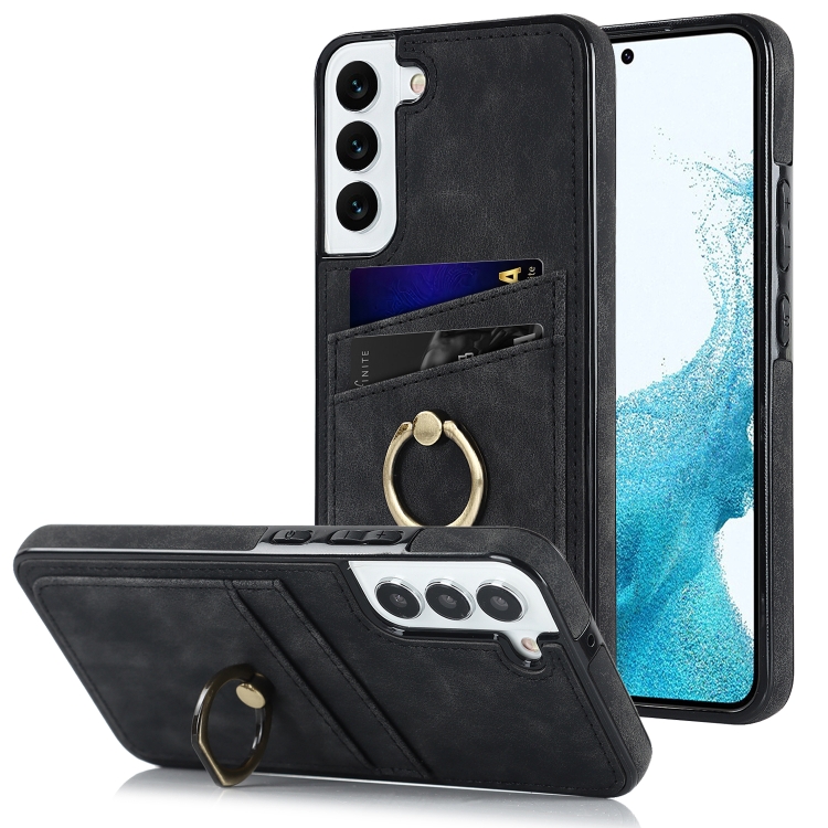 

For Samsung Galaxy S22 5G Vintage Patch Leather Phone Case with Ring Holder(Black)