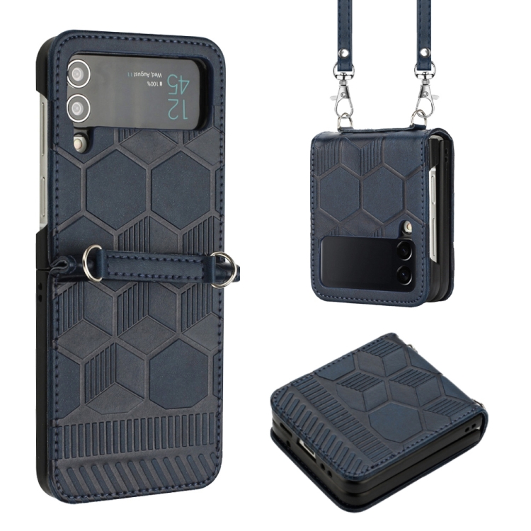 

For Samsung Galaxy Z Flip4 Crossbody Football Texture Leather Phone Case(Dark Blue)