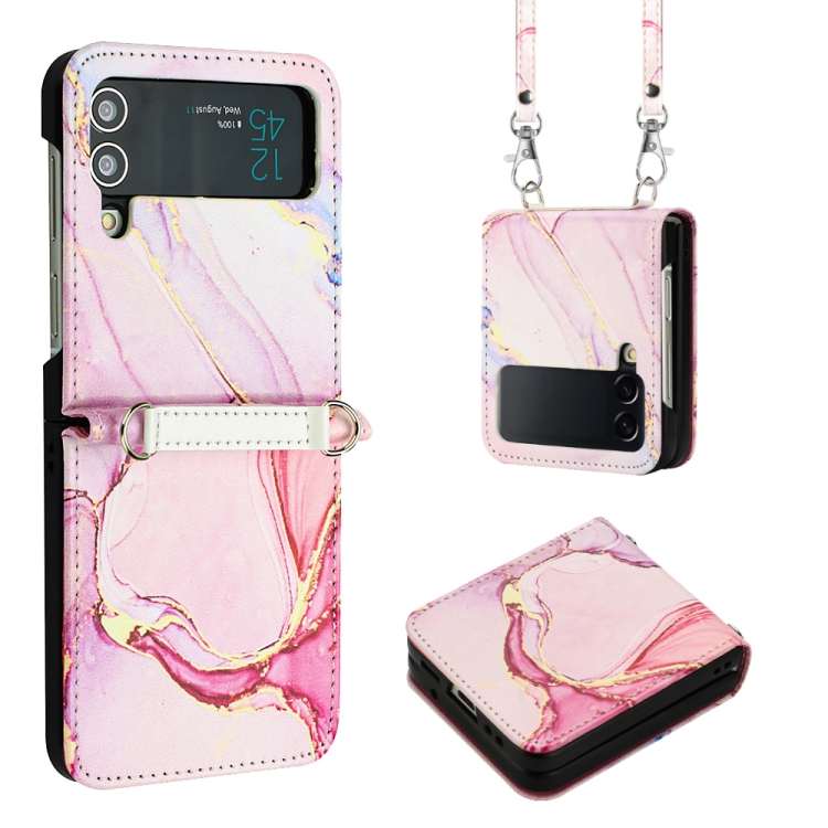 

For Samsung Galaxy Z Flip3 5G Crossbody Marble Pattern Leather Phone Case(Rose Gold LS005)