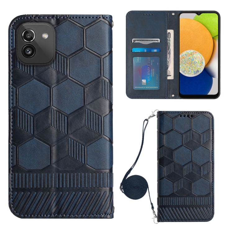 

For Samsung Galaxy A03 166mm Crossbody Football Texture Magnetic PU Phone Case(Dark Blue)