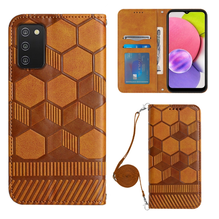 

For Samsung Galaxy A03S 166.5mm EU Crossbody Football Texture Magnetic PU Phone Case(Khaki)