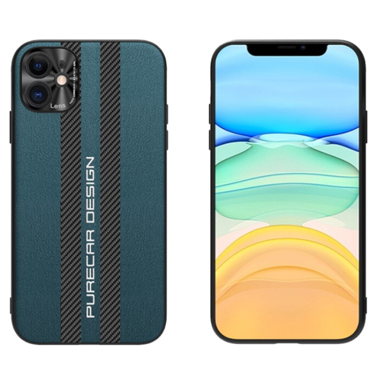 

For iPhone 11 Carbon Fiber Texture Plain Leather Phone Case (Dark Green)