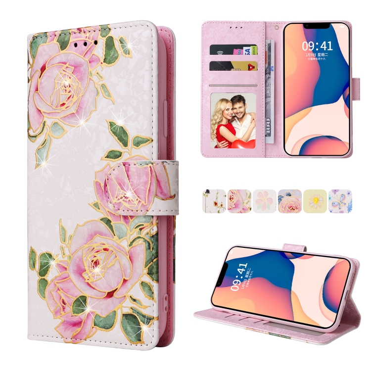 

Bronzing Painting RFID Leather Case For iPhone 14 Max(Rose Flower)