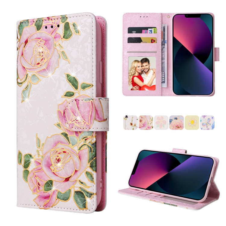 

Bronzing Painting RFID Leather Case For iPhone 13 mini(Rose Flower)