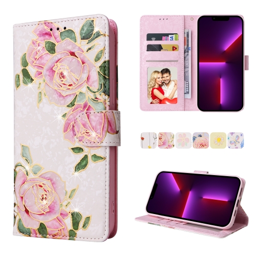 

Bronzing Painting RFID Leather Case For iPhone 13 Pro(Rose Flower)