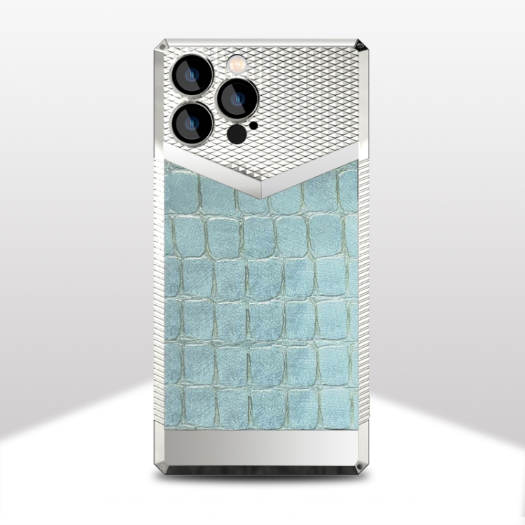 

For iPhone 13 Crocodile Texture Electroplate Leather Phone Case(Silver+Sky Blue)