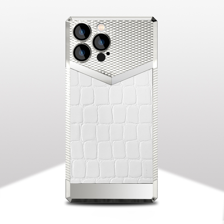 

For iPhone 13 Pro Max Crocodile Texture Electroplate Leather Phone Case (Silver+White)