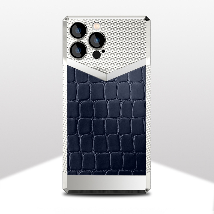 

For iPhone 12 Crocodile Texture Electroplate Leather Phone Case(Silver+Dark Blue)
